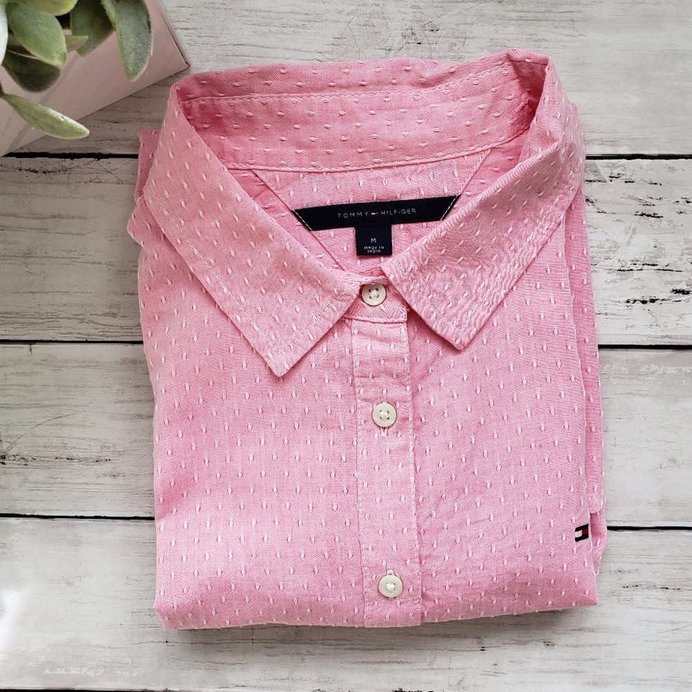 TOMMY HILFIGER Pink Swiss Dot Button Down Cotton Shirt MEDIUM